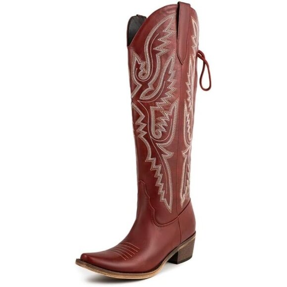 ⚡Women's Red Knee High Wide Calf Lace Up Embroidered Cowgirl Boots Pull On - Picture 2 of 7